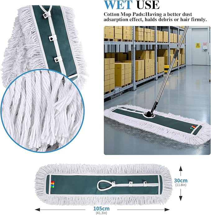 Commercial Mop,Masthome 42" Heavy Duty Dust Mop with Stainless Steel Handle,Large Industrial Mops for Floor Cleaning with 1 Cotton & 1 Microfiber Pad,Wet & Dry Large Mops for Home,Garage,School,Mall