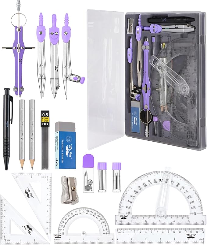 Mr. Pen- Geometry Set, 15 pcs, Purple, 6 Inch Swing Arm Protractor, Divider, Set Squares, Ruler, Compasses and Protractor