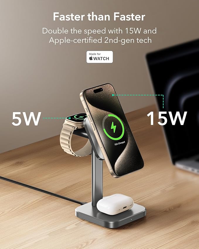 ESR for 3 in 1 Wireless Charging Station, Certified Apple Watch Charger, 15W MagSafe Charger Stand for iPhone, Wireless Charger for Multiple Devices iPhone 17/16/15/14/13, Watch, AirPods, Grey