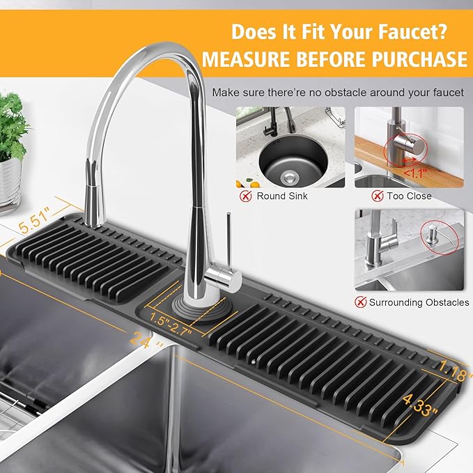 24-Inch Kitchen Sink Splash Guard Mat | 7° Slope for Fast Self-Draining | Snap-Lock Design | Universal & Cuttable Silicone Faucet Mat (Black)