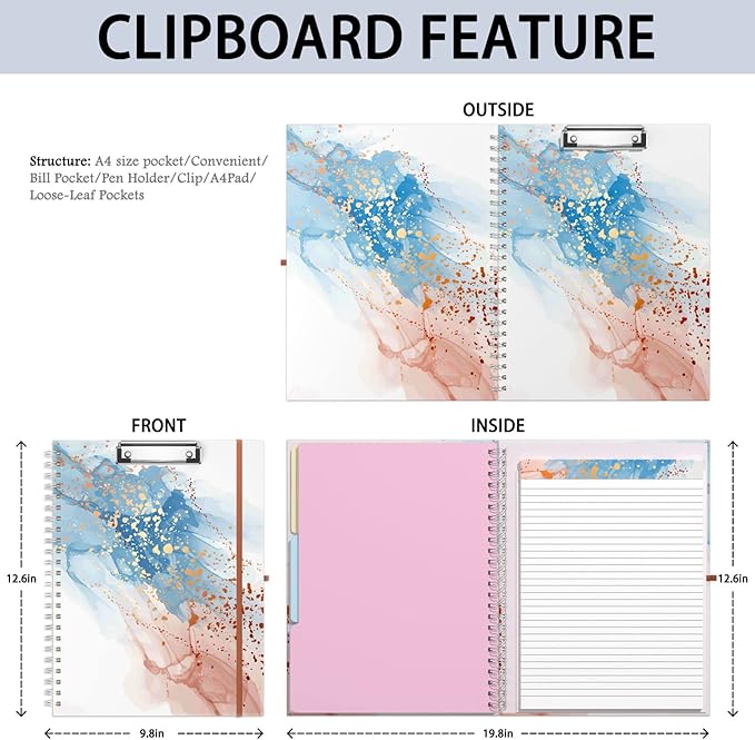 Rimilak Spiral Clipboard Folio with Refillable Lined Notepad, 14.5 x 9.8 In, Hardcover Cover with 5 Interior Pockets, Elastic Band and Pen Loop Series. Cute Stylish Clipfolio, Abstract Marble