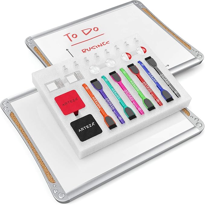 Arteza Framed Magnetic Cork Whiteboard Set, 12x14 inches, 2-Pack Dry Erase Lap Boards with Push Pins, Markers & Magnets, Office & Back to School Supplies for Home, Classroom, Students, Brainstorming