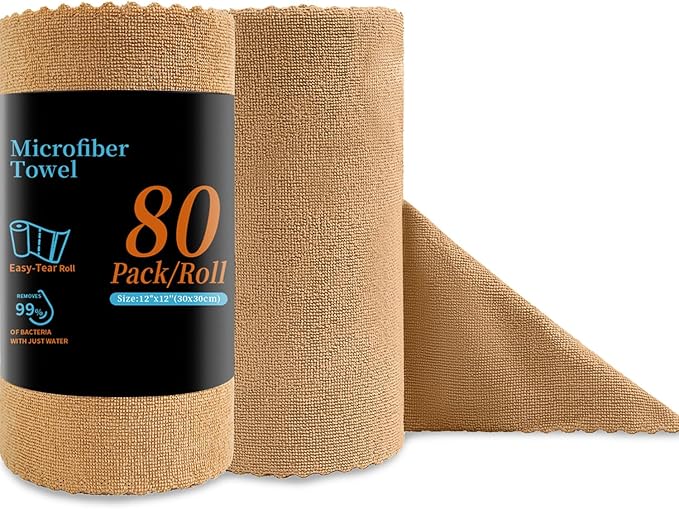 Jessy Home 80 Pack Microfiber Cleaning Cloth Roll Reusable Paper Towels 12"x12" Tear Away Cloth, Microfiber Towels for Cars, Wash Cloths, Lint Free Rags for House, Kitchen,Window,Cleaning Supplies
