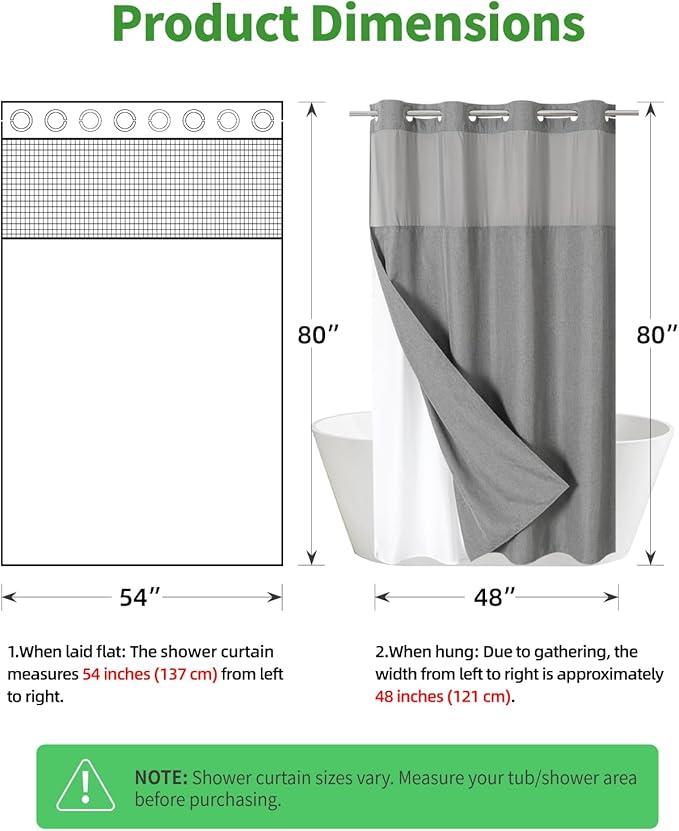 Stall No Hooks Needed Linen Textured Shower Curtain with Snap-in Fabric Liner Set,Hotel Luxury Decor Farmhouse Shower Curtains for Bathroom,Waterproof & Washable,54Wx80H,Grey/Gray