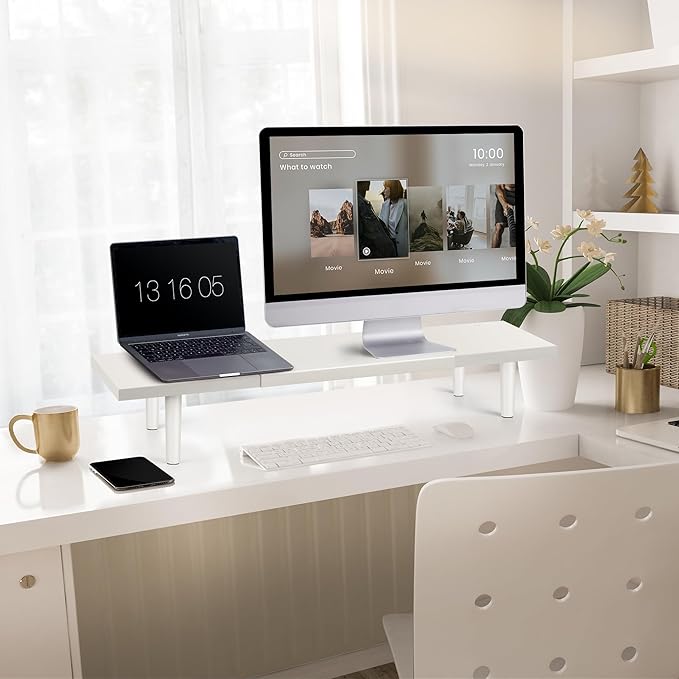 Dual-Monitor-Stand-Riser-For-Desk Adjustable Length 32-40 Inch，Large Desktop Computer Monitor Riser For 2 Screens，Desk Shelf Organizer Riser Stand For Computer/Laptop/PC/Printer/TV White