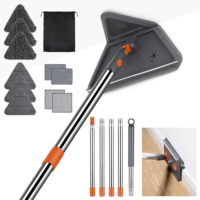 Baseboard Cleaner Tool with 84" Long Handle, 360° Wall Mop with Triangle & Rectangle Heads & 10 Reusable Pads for Baseboard, Wall, Ceiling Cleaning
