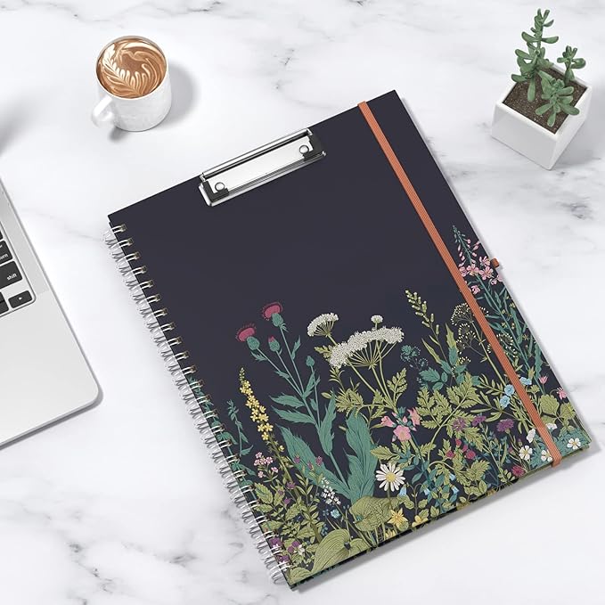 Rimilak Spiral Clipboards Folio with Refillable Lined Notepad, 14.5 x 9.8 In, Hardcover Cover with 5 Interior Pockets, Elastic Band and Pen Loop Series. Cute Stylish Clipfolio, Daisy Flower