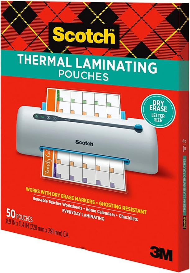 Scotch dry erase Thermal Laminating Pouches, 50-Pack, Works with Dry Erase Markers, Reuseable Worksheets, Calendars, Checklists, 8.9 x 11.4 Inches, Letter Size, Clear Professional Finish (TP3854-50DE)