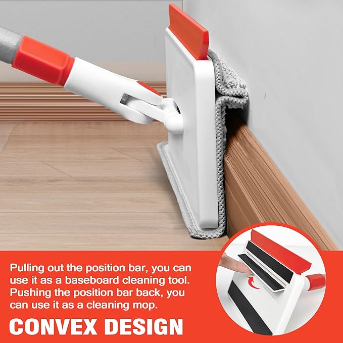 JEHONN Baseboard Cleaner Tool with Handle, 56 inches Base Boards Cleaning Mop Scrubber, 1 Stiff Bristles Brush, 2 Chenille and 2 Microfiber Pads, Wall Duster for Floorboard Ceiling Window Tile