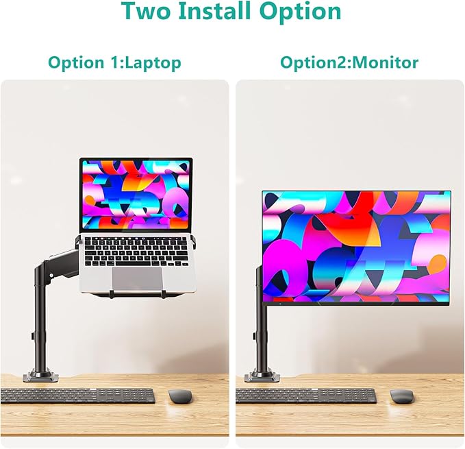WALI Laptop Desk Mount for 15.6 inch Notebook, Adjustable Single Monitor Arm with Laptop Holder for 32 inch Screen, Laptops Stand with Ventilated Tray, Up to 22 Lbs, (GSDM00LP), Black