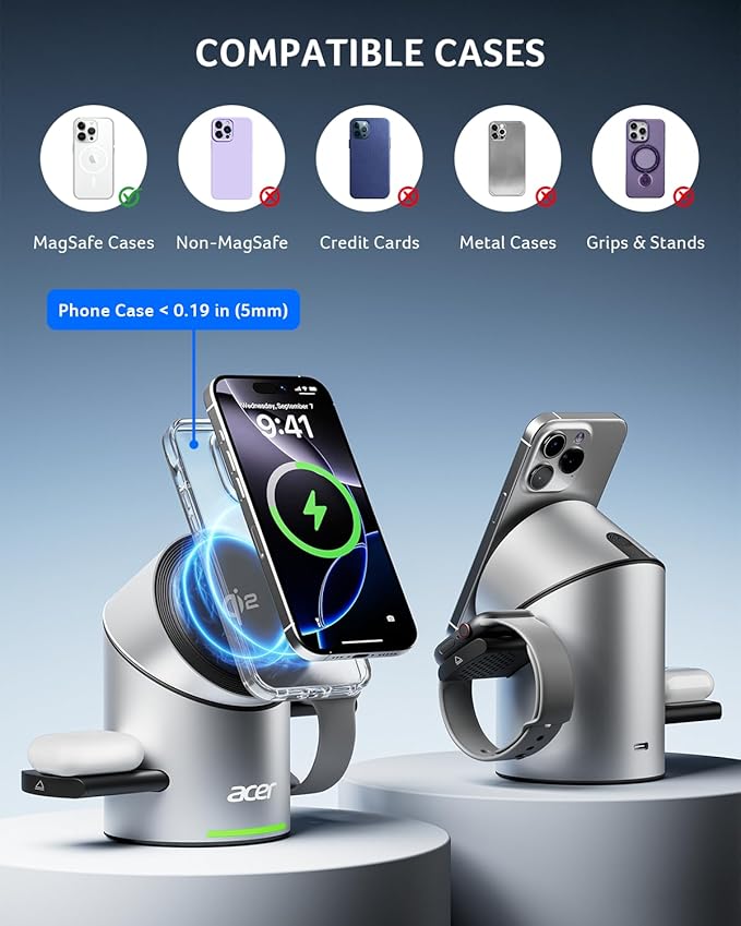 Acer Prime 3 in 1 Charging Station for Apple - Qi2 15W iPhone Wireless Charging Station, Magsafe Charger Stand for iPhone 17 16 15 14 13 12 - Apple Watch - Airpods Series (Charger & USB-C Included)