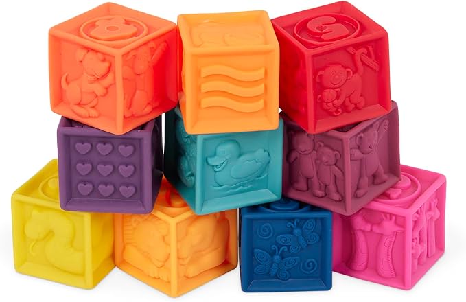 B. toys – Baby Blocks – Stacking & Building Toys for Babies – 10 Soft & Educational Blocks – Numbers, Shapes, Colors, Animals – One Two Squeeze – 6+ Months