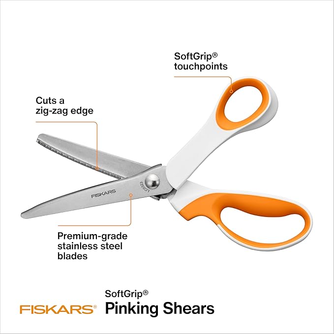 Fiskars Pinking Shears, Gifts for Mom, Fabric Scissors with Ergonomic Handle,Zig Zag Edge and Stainless Steel Blades, Orange/White