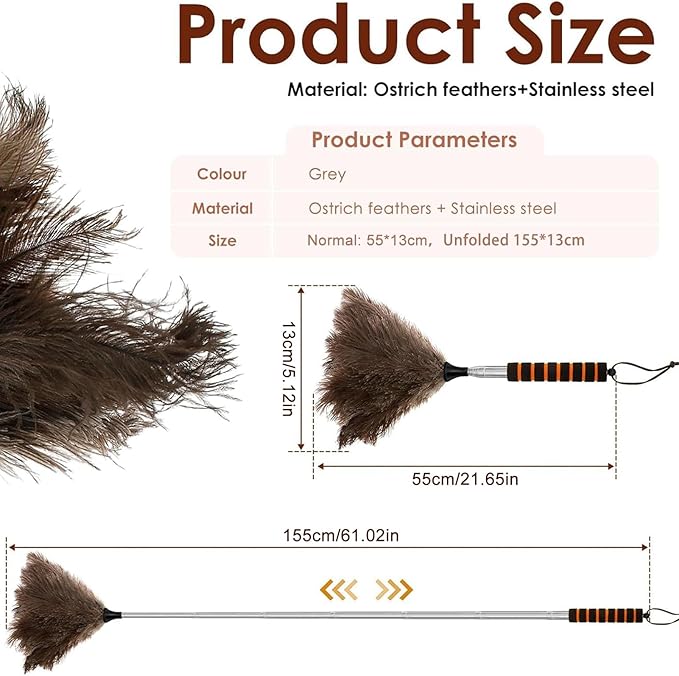 Duster with Extension Pole - 61-Inch Soft Feathers Dusting Mop, Anti-Static Washable Duster | Long Reach Cleaning Tool for Vents, Blinds, Baseboards, Fans, RV, Car, Outdoor Pet Hair Remova