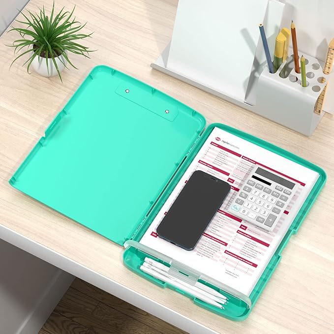 Rimilak Plastic Clipboard with Storage, 8.5 x 11 High Capacity Folio Nursing Case with Pen Holder, Size 14.2 x 9.6 x 1.2″ Folder Side-Opening for Classroom, Teacher, Student, Smooth Writing, Green