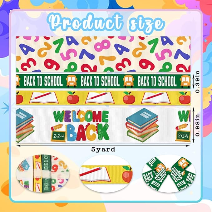 4 Rolls 20 Yards Back to School Grosgrain Ribbons - Welcome Back 3/8" School Rock Ribbons for Teacher, Kindergarten Party Supplies