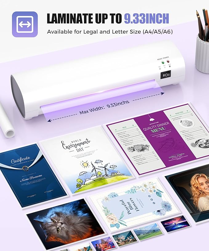 9 Inch Portable Laminator Machine with Anti-Jam Tech, All-in-One A4 Thermal Laminator w/Trimmer & Corner Rounder for Home, Office, School, Business, 40 Sheets Included（White）