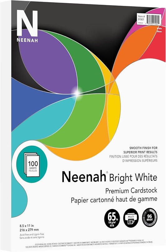 Neenah Printable Multi-Purpose Card Stock, 8-1/2" x 11", Bright White, Pack Of 100 Sheets