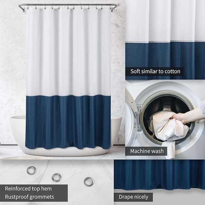 ALYVIA SPRING Waterproof Fabric Shower Curtain Liner - Soft & Light-Weight Cloth Shower Liner, 3 Bottom Magnets, Hotel Quality & Machine Washable - Standard Size 72x72, White and Navy