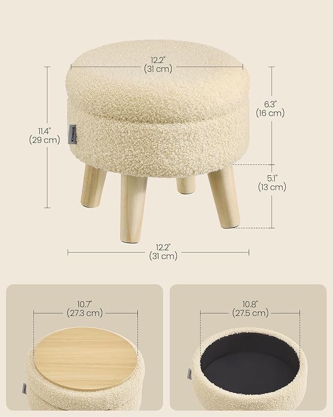 SONGMICS Storage Ottoman, Foot Stool, Round Ottoman with Padded Seat, Foot Rest with Wood Legs, Small Table, for Hallway, Living Room, 12.2 Inches, Teddy Fleece, Summer Sand ULOM515LF01