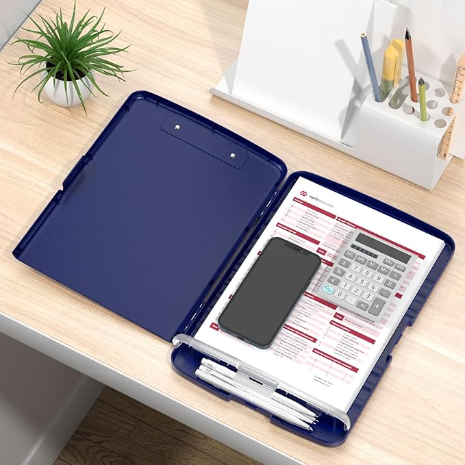 Rimilak Plastic Clipboard with Storage, 8.5 x 11 High Capacity Folio Nursing Case with Pen Holder, Size 14.2 x 9.6 x 1.2″ Folder Side-Opening for Classroom, Teacher, Smooth Writing, Deep Blue