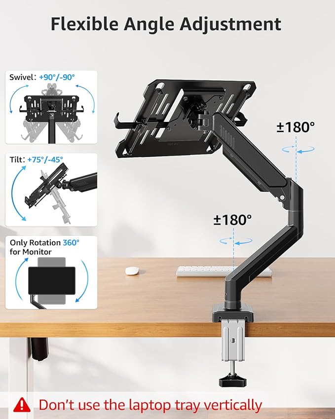 MOUNTUP Laptop Stand for Desk, 2-in-1 Monitor Mount with Laptop Tray Holds 2.2-22lbs, Adjustable Laptops Arm Mount for Max 17" Notebook & 32" Monitor, Laptops Desk Arm with Clamp/Grommet