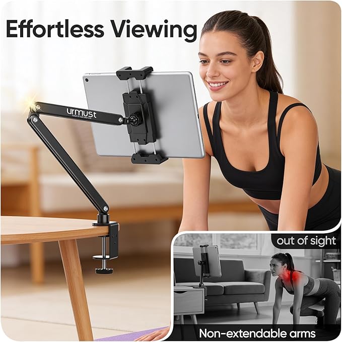 Urmust Portable Monitor Stand 15.6", iPad Stand for Desk, Portable Monitor Holder up to 18.5", Adjustable Desktop Tablet Arm Mount, Apple iPad Holder for Desk, for 4.7"-12.9" iPad Pro/Air/Mini