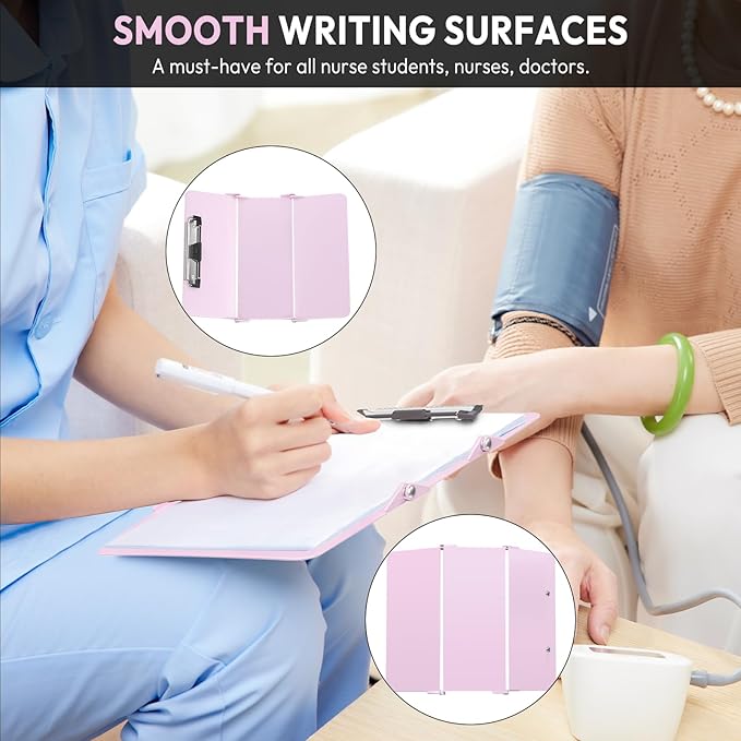 Nursing Clipboard Foldable Without Edition Cheat Charts, 3 Layers Aluminum, Nurse Board w/Low Profile Clip&Pen Clip Pocket, Baby Pink