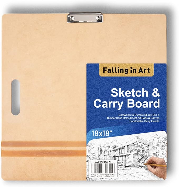 Falling in Art 18x18 Sketch Board, Drawing Tote Board for Artists with Sturdy Clip and Rubber Bands, Portable Art Clipboard for Classroom and Studio Drawing