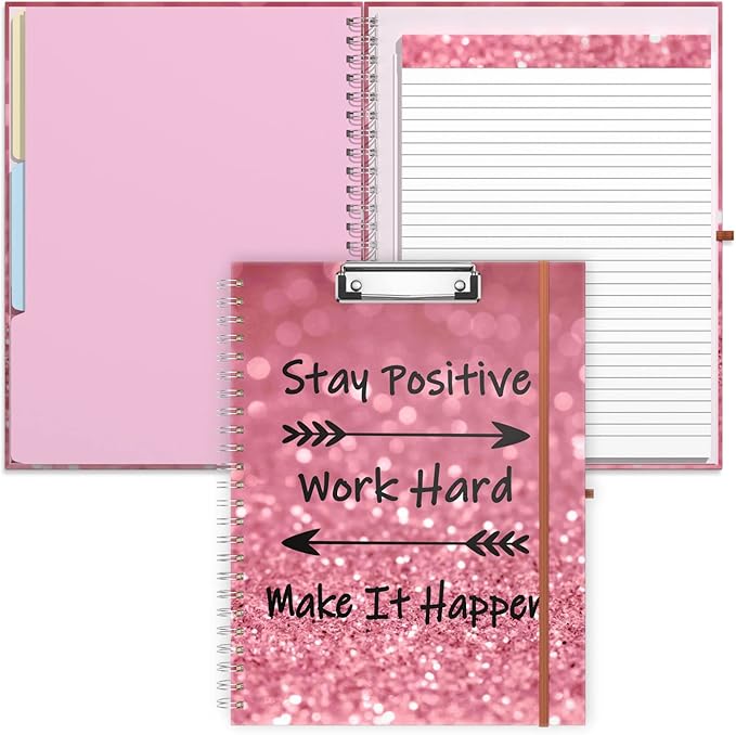Rimilak Spiral Clipboard Folio with Refillable Lined Notepad, 14.5 x 9.8 In, Hardcover Cover with 5 Interior Pockets, Elastic Band and Pen Loop Series. Cute Stylish Clipfolio, Work Hard