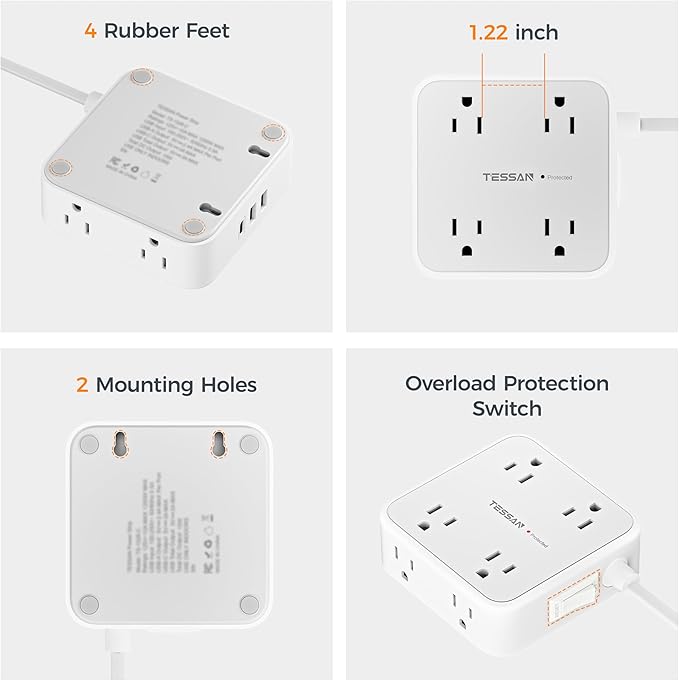 TESSAN 10 Ft Surge Protector Power Strip, 3 USB(1 USB C) 8 Outlets, Flat Plug Extension Cord with Multiple Outlets, 900J Protection, Desk Charging Station for Home, Dorm Room Essentials, Grey