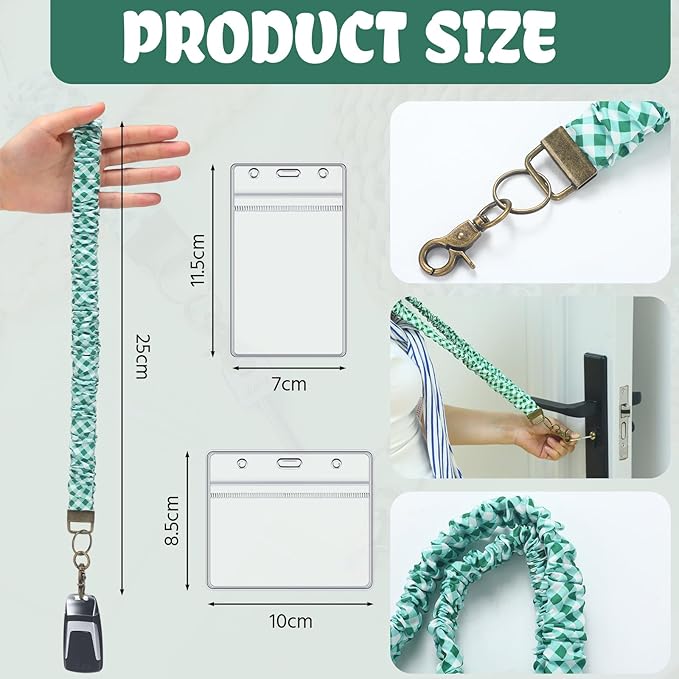 Marspark 2 Set Scrunchie Lanyards with 4 Card Holders for ID Badges and Keys Cute Stretchy Scrunchie Neck and Wrist Lanyards for Teacher Women Nurses School Office Supplies(White Light Green,Checked)