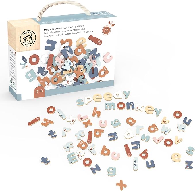 SPEEDY MONKEY Multicolor Magnetic Letters Set – 60 PCS FSC Wooden Lowercase Alphabet Magnets for Kids, Fun Educational Toy for Toddlers & Preschoolers, ABC Learning Tool Kit for Whiteboard & Classroom