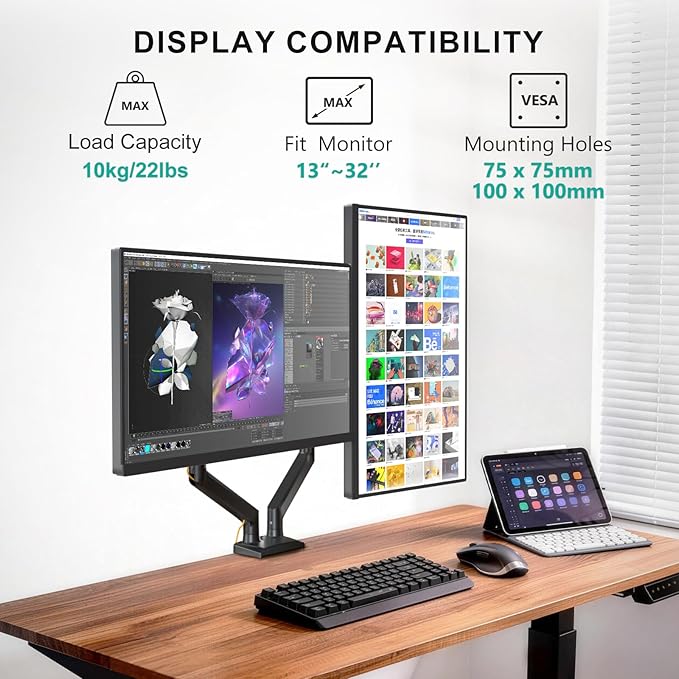 WALI Dual Monitor Stand for 13-32 inch Computer Screens, Dual Monitor Arms for 2 Monitors Holds up to 22 lbs, Height Adjustable Gas Spring Dual Monitors Mount, VESA 75x75/100x100mm (GSMP002N), Black
