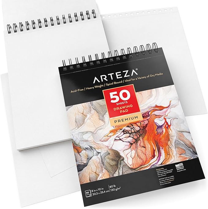 ARTEZA Drawing Paper Pad, 8 x 10 Inches, Pack of 1, 50 Sheets, Spiral Bound Artist Drawing Books, Durable Acid Free White Sketch Paper