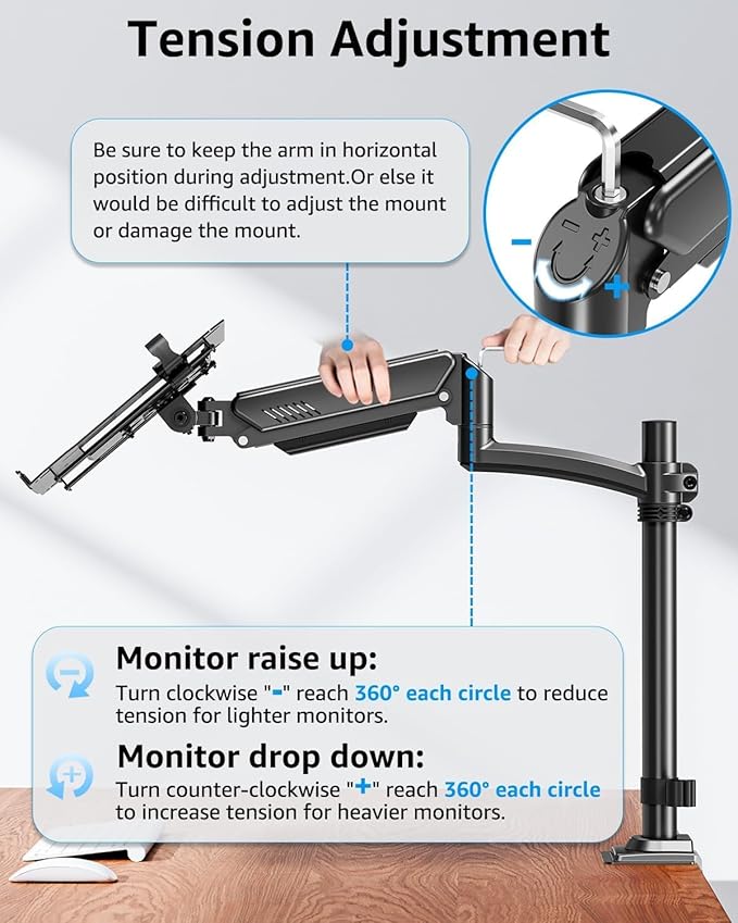 MOUNTUP Laptop and Monitor Desk Mount, Laptop Tray for Max 17" Notebook, Monitors Arm Fits up to 32" Monitor, Laptops Arm Holds 4.4-22lbs, 2-in-1 Tall Laptops Mount with Clamp/Grommet