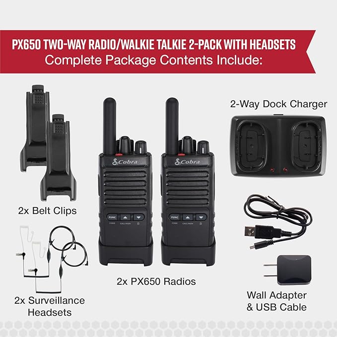 Cobra PX652 Professional Walkie Talkies - Rechargeable, 22 Channels, 300,000 sq. ft/25 Floor Range, Dust Protected & Splashproof (IP54 Rating), Headsets and Chargers Included (2-Pack)