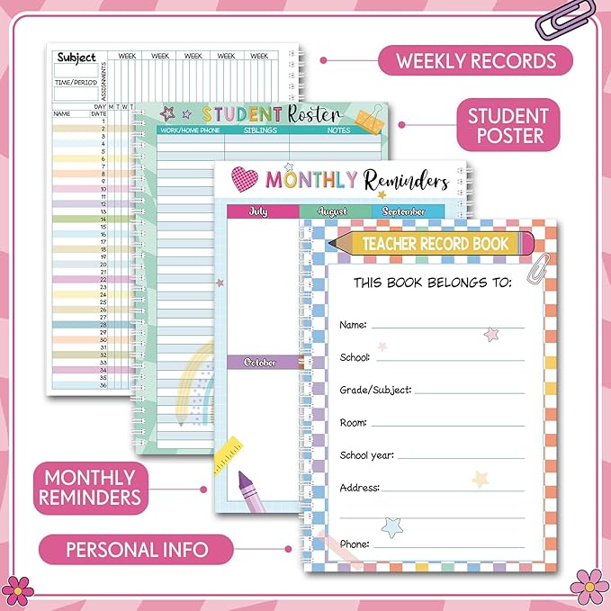 Fuyoooo Teacher Record Book Teacher Grade Book 2026-2027 Spiral Bound Pink Record Class Planner 2026 Gradebook Office Favors for Classroom Attendance Supplies Double Sided Printing