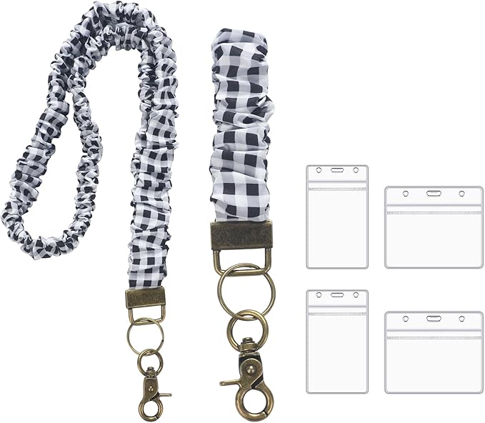 Marspark 2 Set Scrunchie Lanyards with 4 Card Holders for ID Badges and Keys Cute Stretchy Scrunchie Neck and Wrist Lanyards for Teacher Women Nurses School Office Supplies(Black White,Checked)