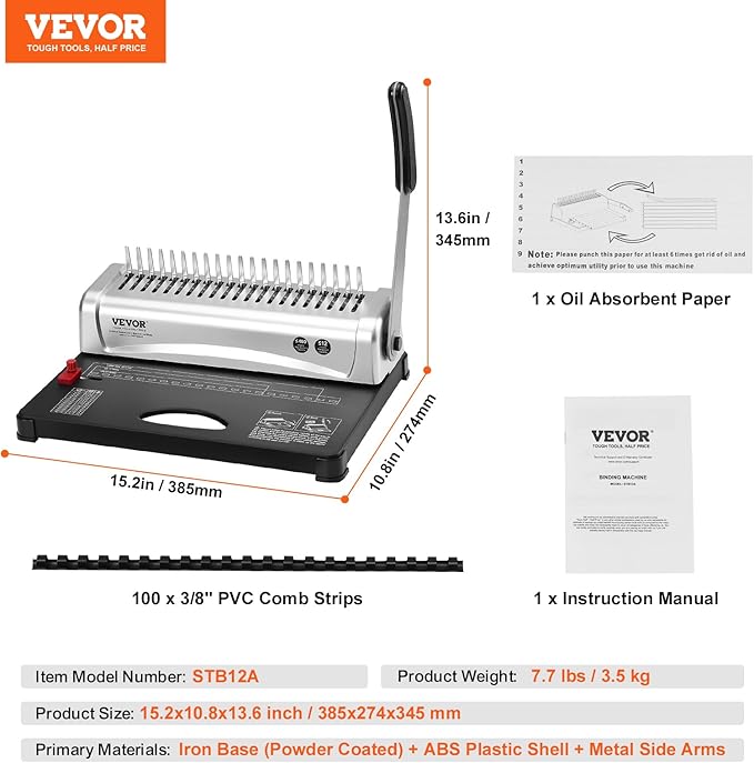 VEVOR Binding Machine, Comb Binding Machine 21-Holes Binding 450 Sheets, Book Binder Machine with 100 PCS 3/8'' Comb Binding Spines, for Letter Size, A4, A5
