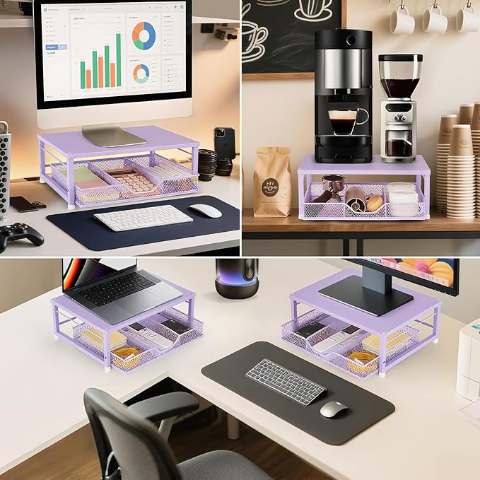 Small Laptop Stand for Desk, Monitor Stand, Office Desk Accessories, Computer Desktop Stand with Drawer for Home, Office, School (Purple)