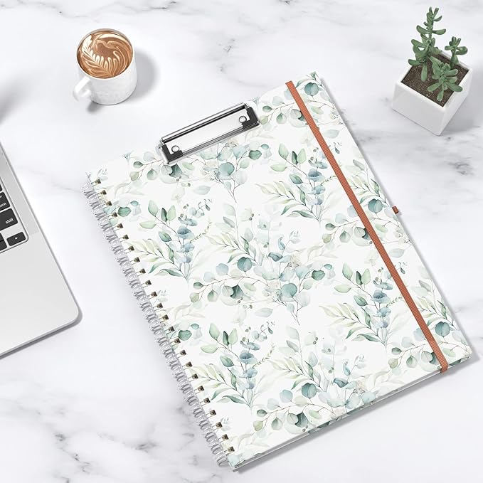 Rimilak Spiral Clipboard Folio with Refillable Lined Notepad, 14.5 x 9.8 In, Hardcover Cover with 5 Interior Pockets, Elastic Band and Pen Loop Series. Cute Stylish Clipfolio, Green Leaves