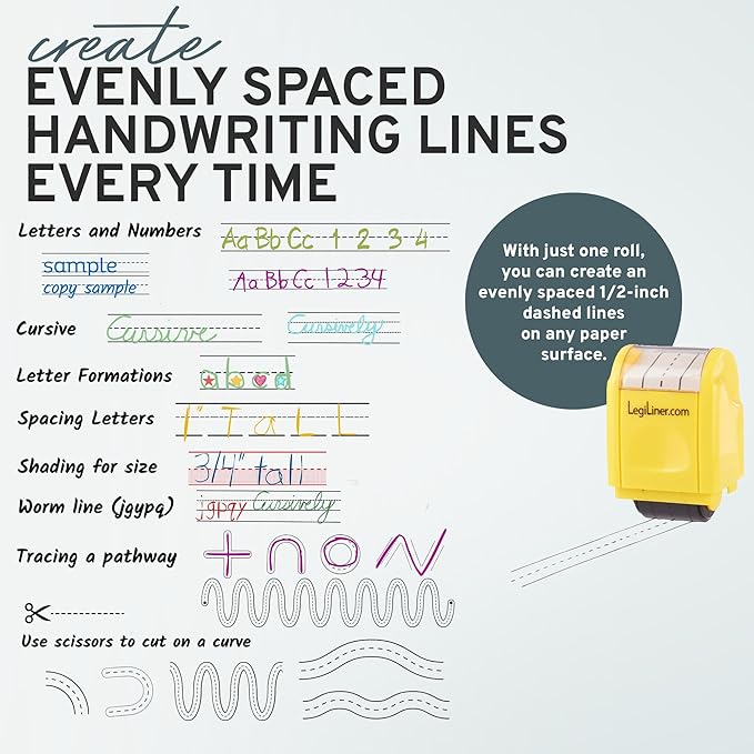 LEGILINER 1/2" Dashed Handwriting Line (Yellow) Teacher Stamp – Tri-Line Dashed Pattern. Classroom & Home Use. Refillable Ink Writing Practice Roller Stamp.