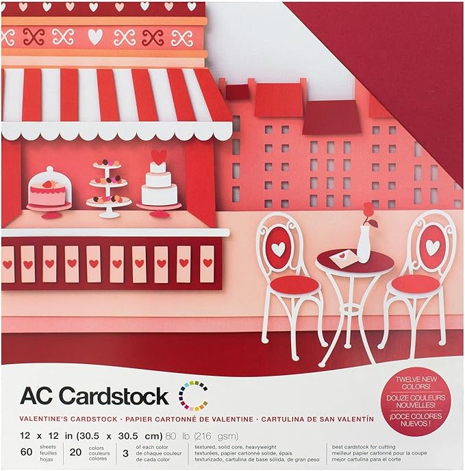 Cardstock 12x12 Scrapbook Paper Pack - Textured Heavy Duty Paper for Die Cutting, Card Making, Crafts - 60 Square Sheets, 20 Unique Colors, 80lb (216gsm), Solid Core - Valentine's