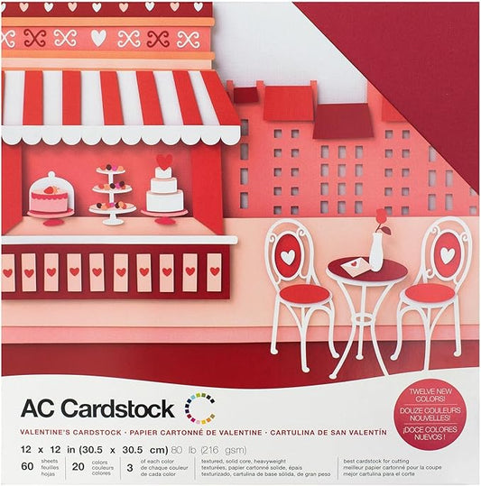 Cardstock 12x12 Scrapbook Paper Pack - Textured Heavy Duty Paper for Die Cutting, Card Making, Crafts - 60 Square Sheets, 20 Unique Colors, 80lb (216gsm), Solid Core - Valentine's