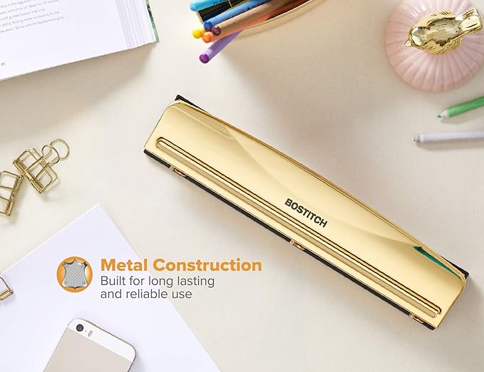 Bostitch Office 3 Hole Punch,12 Sheet Capacity,Durable Metal,Gold Chrome,Rubber Base & U Brands Pencil Cup,Wire Metal,Gold - 897U06-24,4.13" H,3.11" D