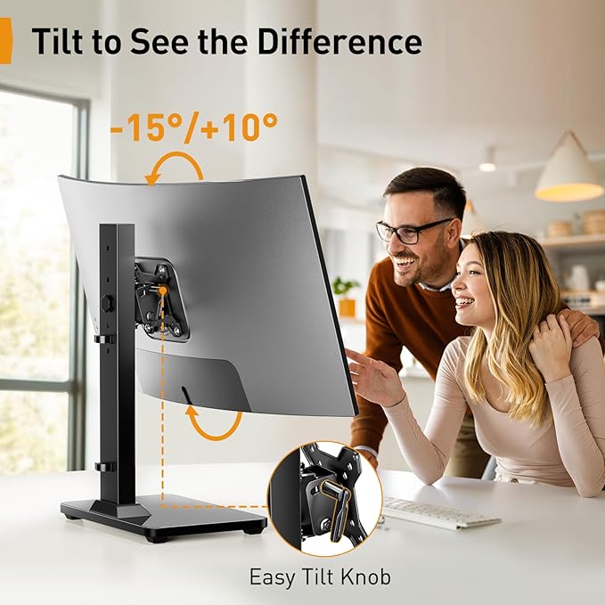 Perlegear Monitor Stand, Freestanding Monitor Mount for 13-34 inch Screens with 360 Degree Rotation, 5 Height Settings, Adjustable Desk Riser with Swivel and Tilt, Max VESA 100x100mm, PGTVS29