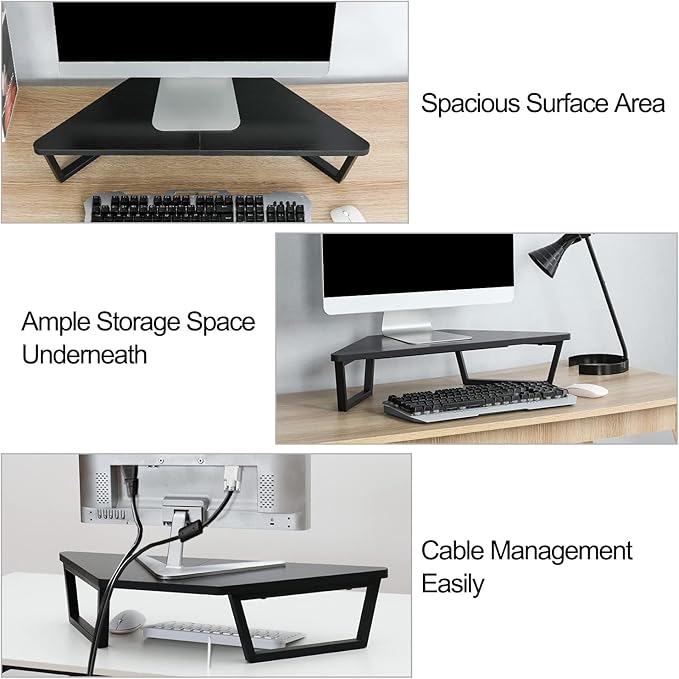 TEAMIX 26 inch Triangle Monitor Stand Riser, Desktop Corner Shelf with Metal Leg Wood Computer Stand with Storage Laptop Riser Office Organization