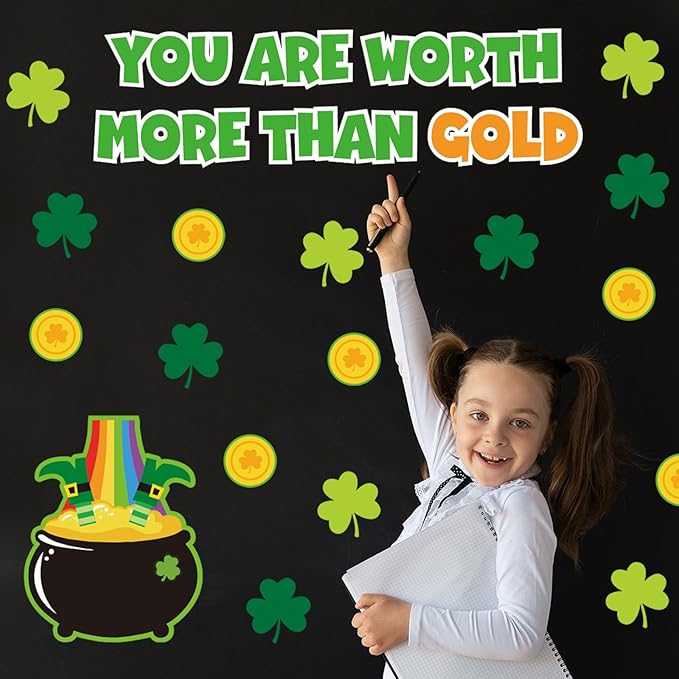 JarThenaAMCS 72Pcs St. Patrick's Day Bulletin Board Decor Set Shamrock Clover Gold Coin Cut-Outs with Glue Points Bulletin Board Stickers for Irish Holiday School Classroom Wall Decor