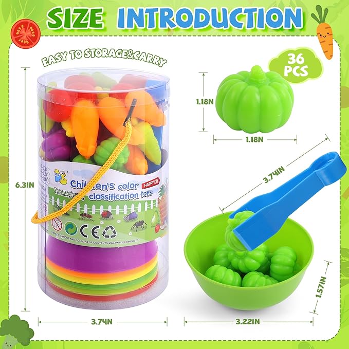 TSYAN Counting Vegetables Matching Games Sensory Toys with Sorting Bowls Preschool Learning Activities Color Classification Fine Motor Educational Toys Set Gift for Boys Girls Toddlers Toys Age 3+